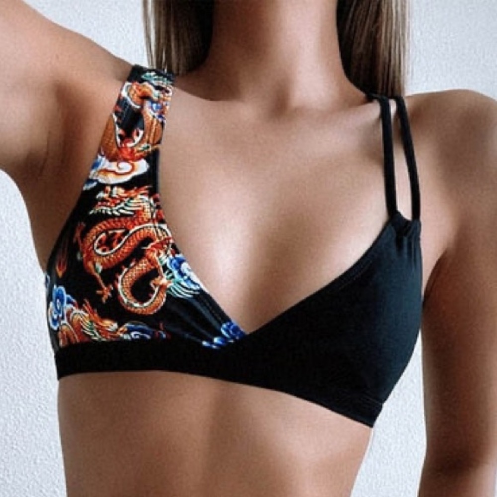 SHEIN Asymmetrical Dragon Print Bikini Top Size Small w Adjustable Strap